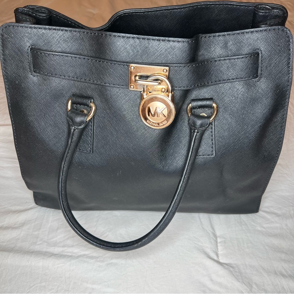 Michael Kor Black Saffiano Leather Hamilton Satchel Tote Bag Purse Gold Hardware